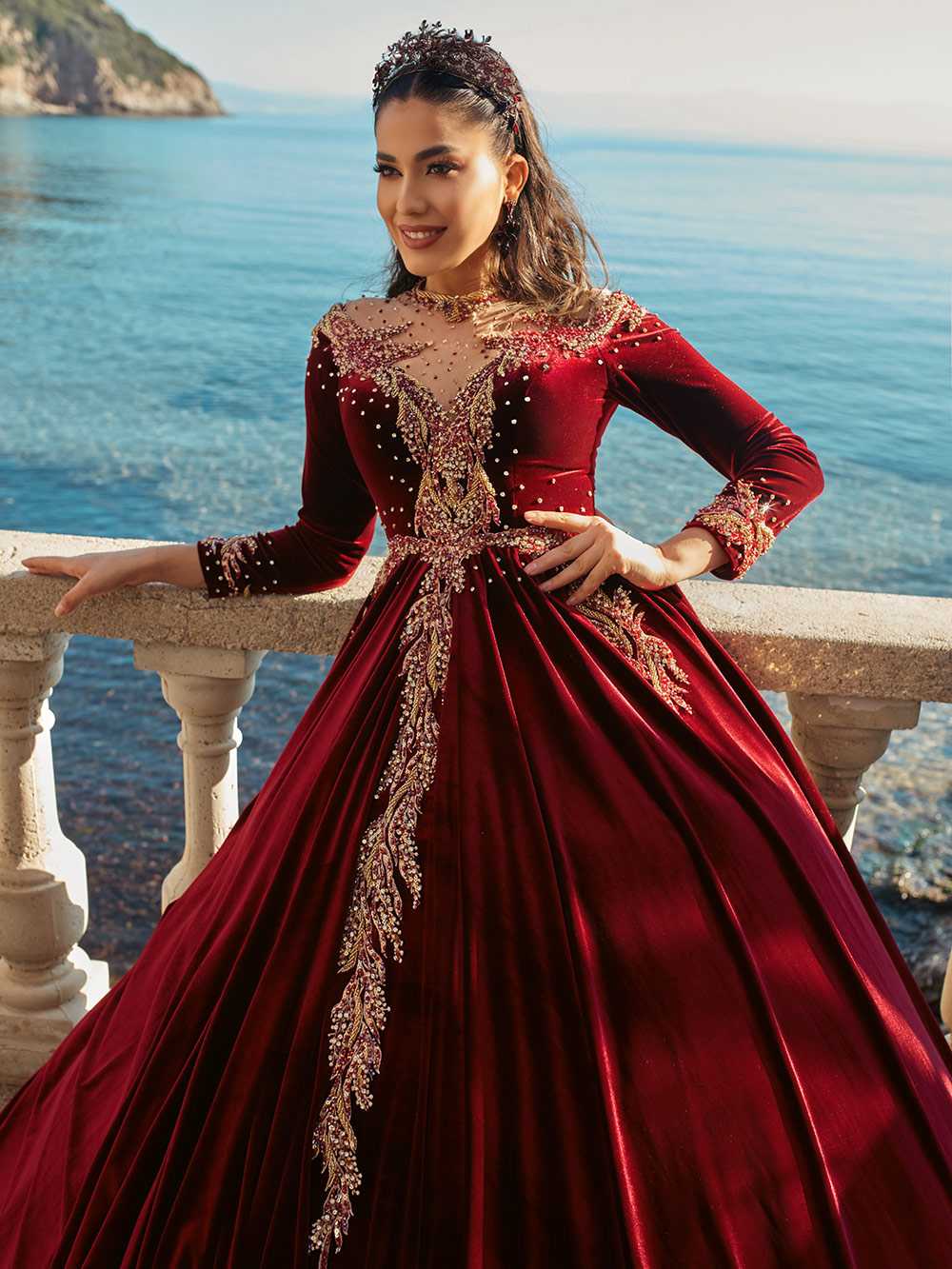 Burgundy Fitted Long Sleeves Evening Ball Gown – Sultan Dress
